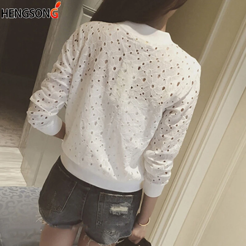 

Women's Summer Thin Jacket Long Sleeve Sunscreen Women Clothing Coat Lace Hollow Out Breathable Bomber Jacket Black White