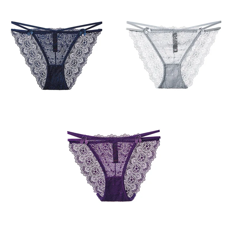 blue grey purple 3 шт., сексуальные кружевные трусики, женское нижнее белье, дышащие женские трусики, новое нижнее белье для женщин, кружевные сексуальные M-XXL BANNIROU - Цвет: blue grey purple