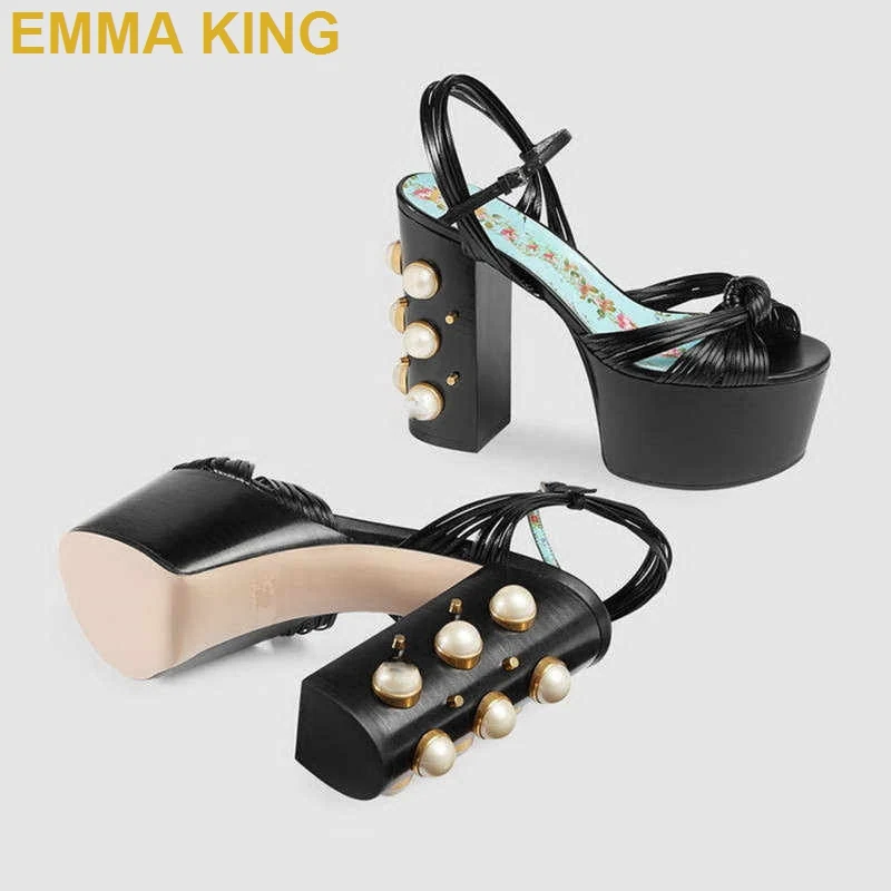 Модные женские сандалии с жемчугом на массивном каблуке женская летняя обувь