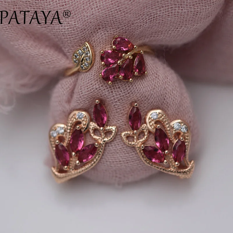 PATAYA, новинка, RU 585, серьги-капли из розового золота, открытые кольца, наборы для женщин, розовый красный лепесток, натуральный циркон, свадебные ювелирные изделия, дизайн