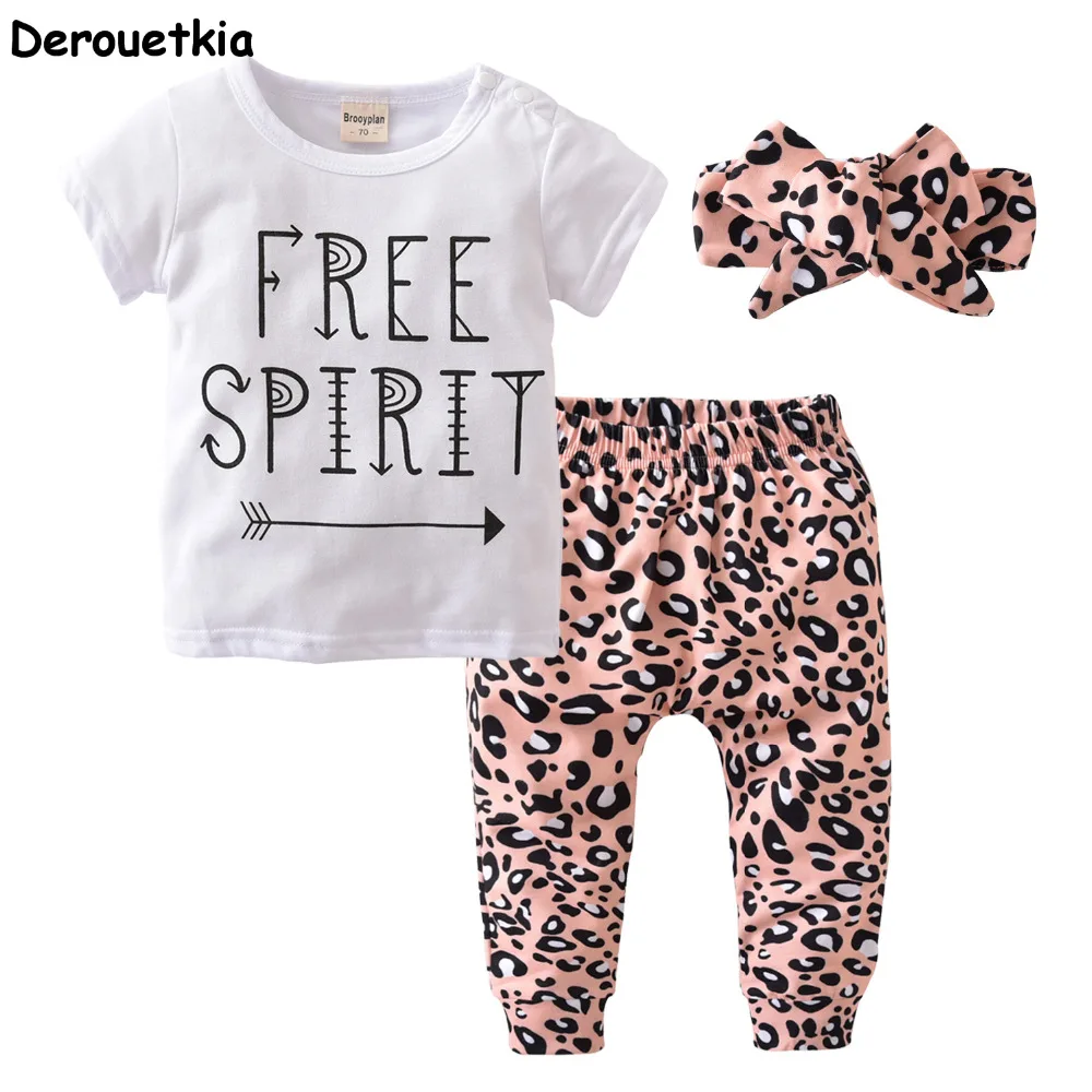 Summer baby girl leopard clothes fashion cotton t-shirt+pants+headband kids toddler 3pcs suit newborn girls | Детская одежда и