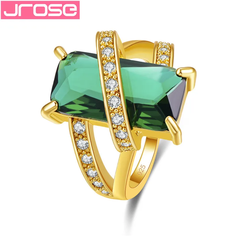 

JROSE Big Square Green Luxury Crystal Fashion Silver 925 Jewelry Bridal Wedding Rings For Women Promise Love Engagement Bague