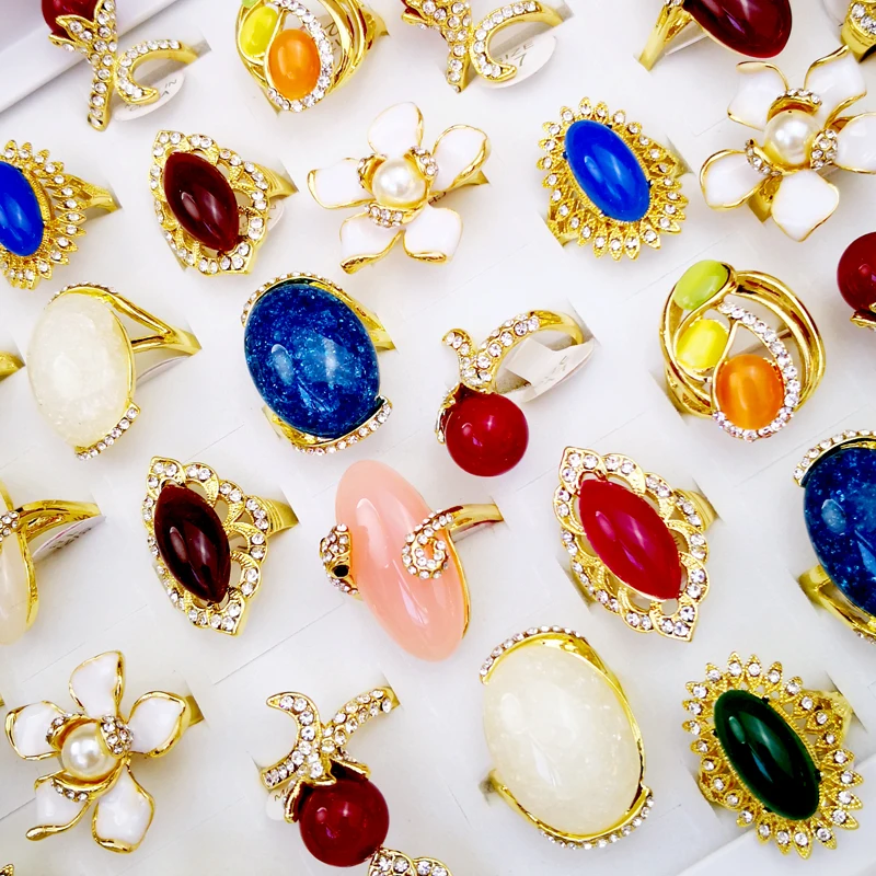 50 шт. новый дизайн женские золотые кольца смешанный стиль круглый камень