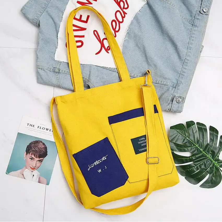 H006 Yellow KANDRA, новинка, Лоскутная Холщовая Сумка-тоут, сумка для покупок, съемный ремешок на цепочке, сумки через плечо, школьная сумка, кошельки на каждый день - Цвет: H006 Yellow