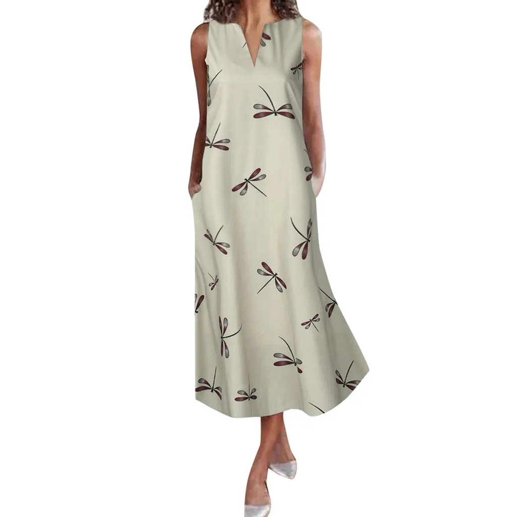 Женское винтажное платье KLV повседневное свободное макси без рукавов с принтом
