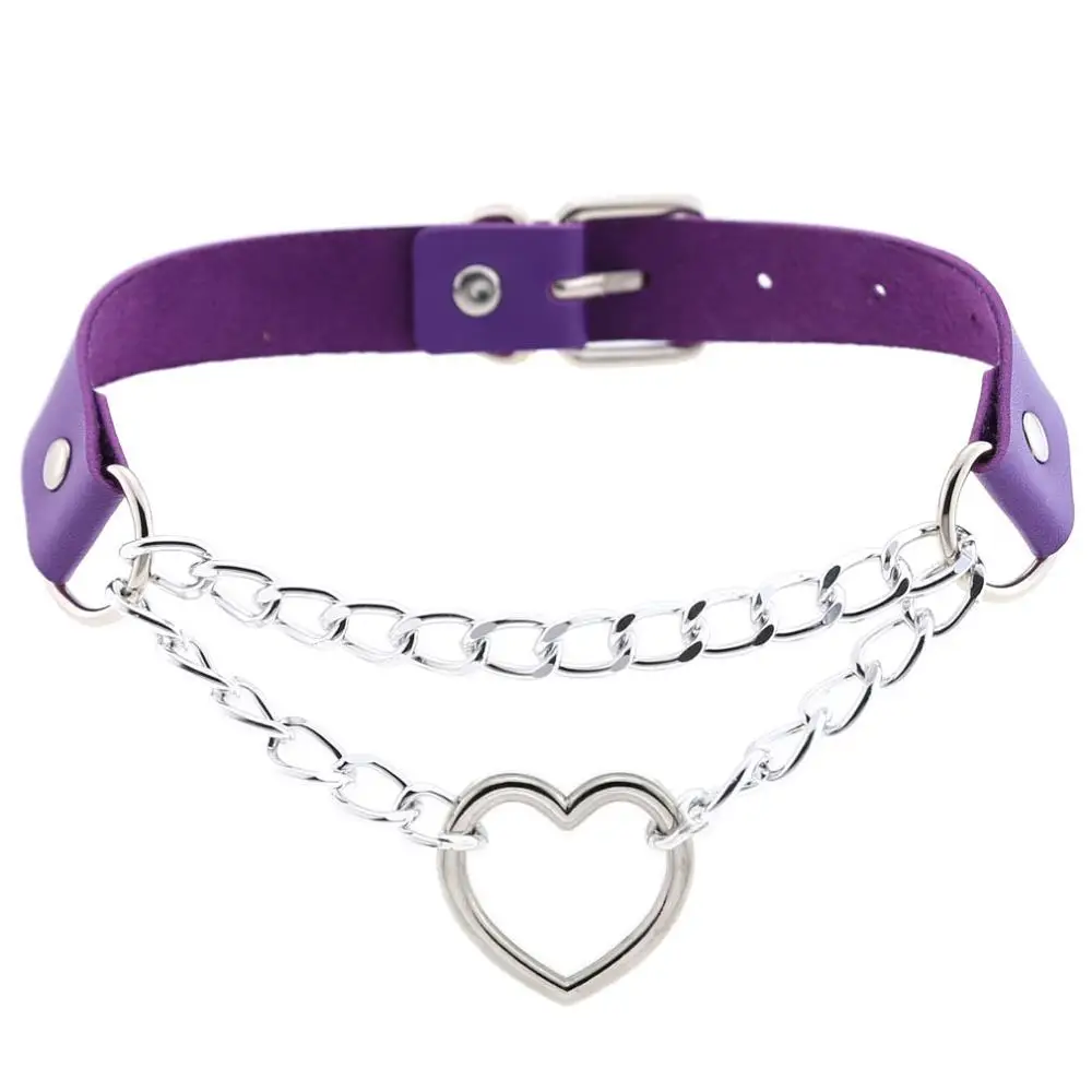 Purple KMVEXO, женское и мужское крутое колье, Harajuku, фетиш, сердце, металлические, серебряные цепи, из искусственной кожи, воротник, связывание, жгут, чокер, ожерелье, бижутерия - Окраска металла: Purple