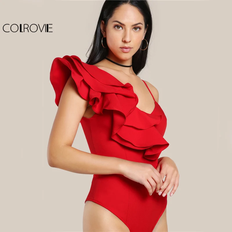 COLROVIE/Боди-комбинация с рюшами на одно плечо, многослойный волан, женские сексуальные милые красные боди, новые элегантные обтягивающие Летние Боди