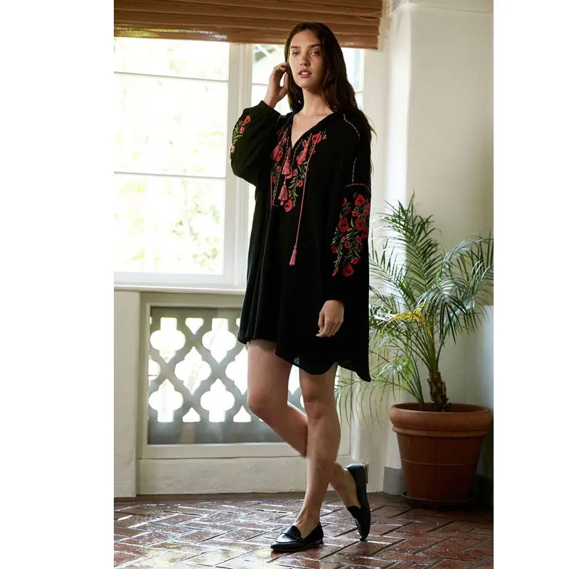 

2020 New Spring Shirt Dress Floral Embroidered V-Neck Tassel Mini Loose Casual Beach Bohemian Chic Hippy Dresses Women Vestido
