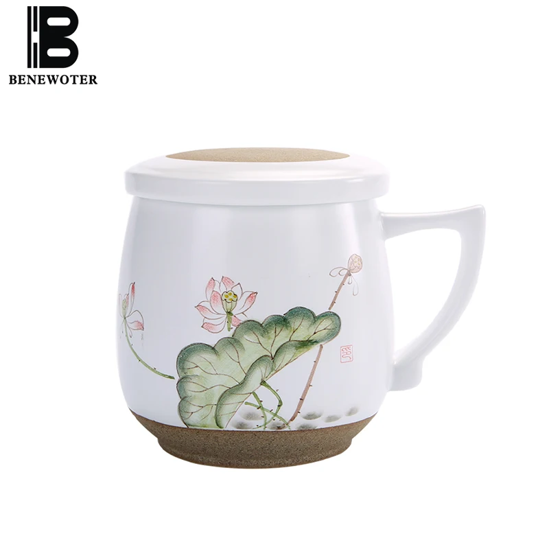

400ML Jingdezhen Hand Painted Lotus Tea Cup with Filter Mug Office Afternoon Flower Tea Mug Ceramics Coarse Pottery Drinkware