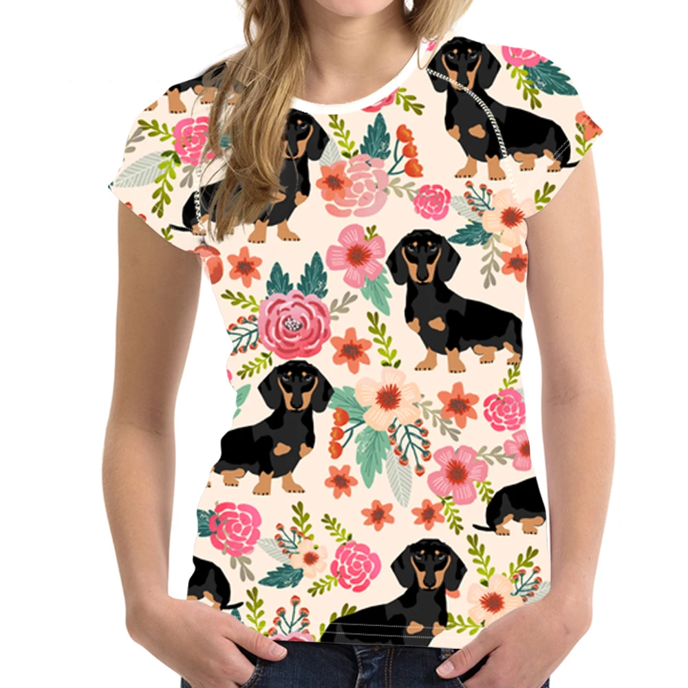 

NOISYDESIGNS Women TShirt Ladies Kawaii Doxie Dog Dachshund Flower Print T-shirt Teenagers Floral Tee Shirt Female Fitness Cloth