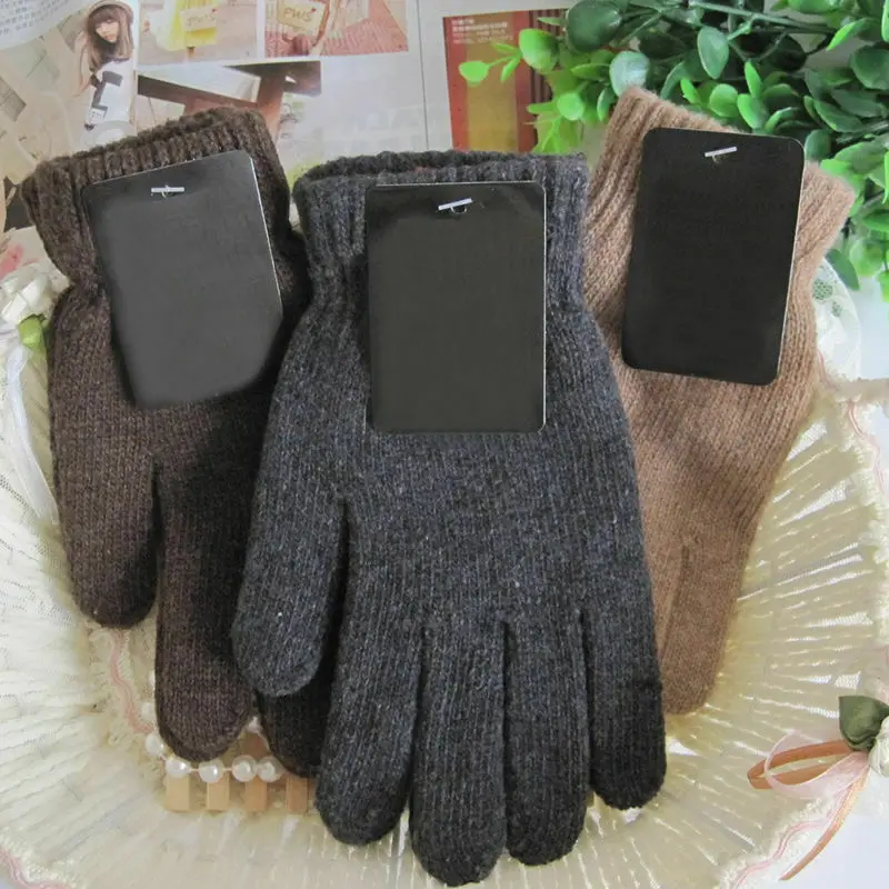 Осенне-зимние мужские вязаные перчатки однотонные утепленные шерстяные варежки