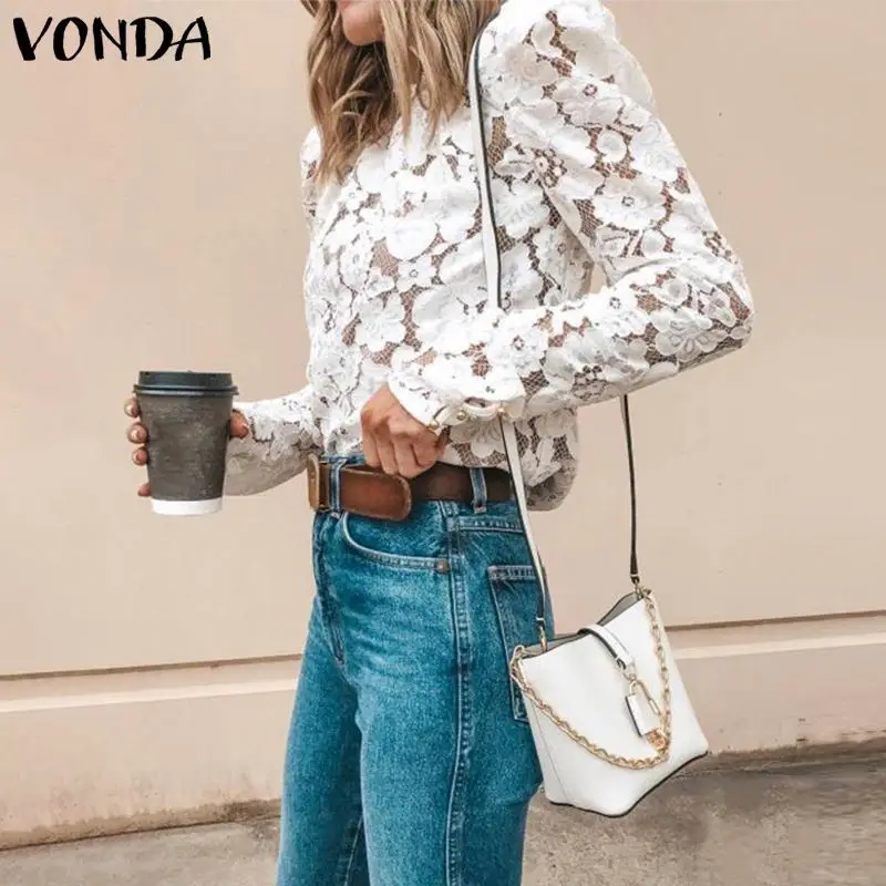 VONDA, белая кружевная блузка, женская рубашка, весна, богемный стиль, сексуальная, длинный рукав, о-образный вырез, полый, блузка, OL, рубашка, повседневные топы, Blusas S-5XL