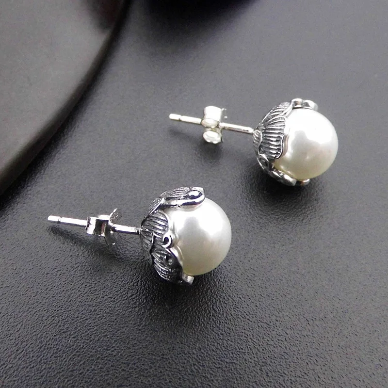 

8mm women jewelry 925 sterling silver pearl stud earrings simple flowers print retro lovely stylish atmosphere lovers best gift
