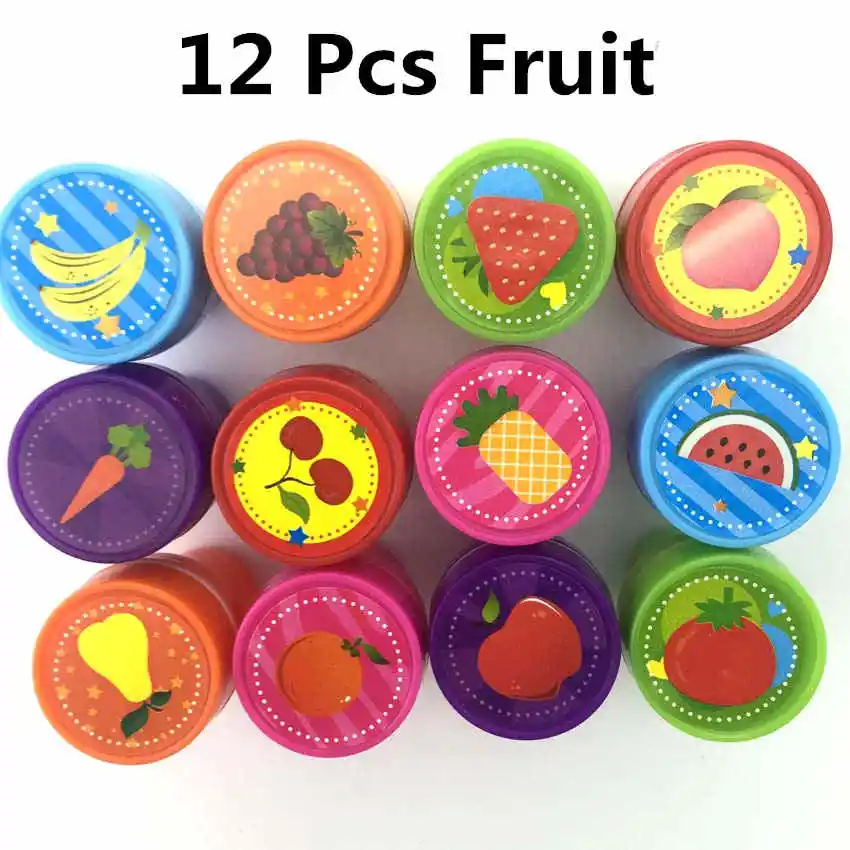 12 Pcs Fruit 6/10/12 шт. дети мультфильм игрушки штамп набор динозавров Рождество океан животных со смайликом самоокрашивающегося мультфильм Стампер для детей - Цвет: 12 Pcs Fruit