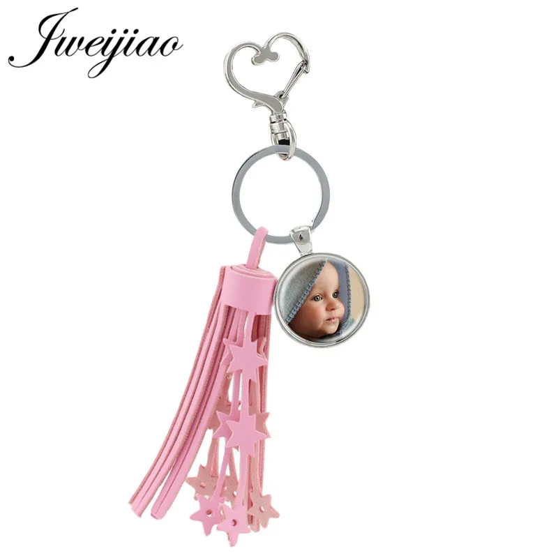 

JWEIJIAO Custom 7 Colors Tassel Heart Clasps Keychain Glass Photo Gems Key Pendant For Family Friends Jewelry Na01