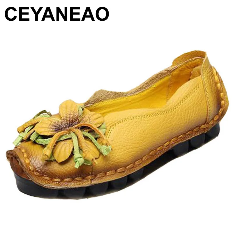 

CEYANEAO Large size 35-41New Flowers Handmade Genuine Leather Shoes Women Retro Soft Bottom Flat Shoes Summer CanvasBallet Flats