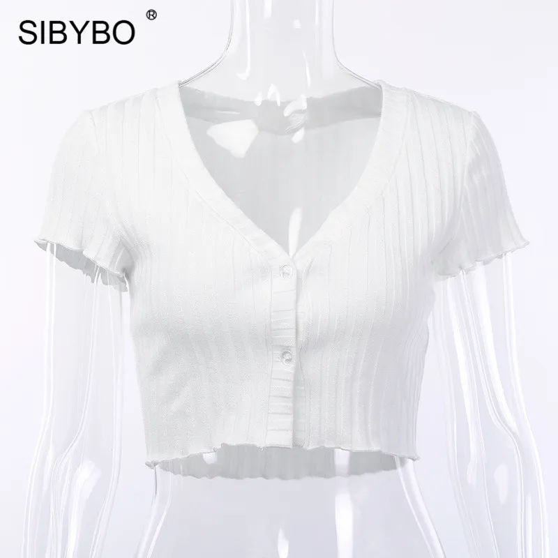 Белый Sibybo, ребристые хлопковые сексуальные топы для женщин, v-образный вырез, пуговицы, тонкий короткий топ для женщин, белый пляжный повседневный летний женский топ - Цвет: Белый