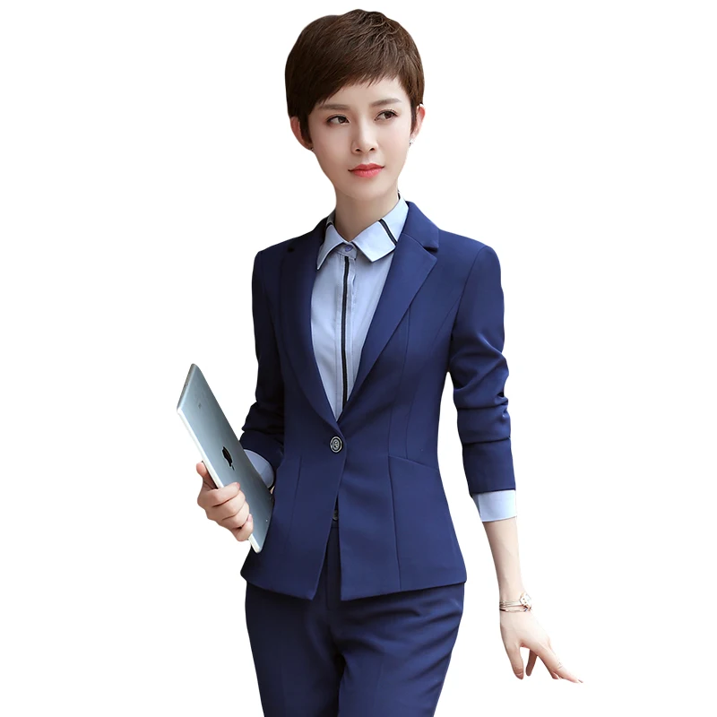 Женский офисный костюм облегающий блейзер с длинным рукавом и штаны большого