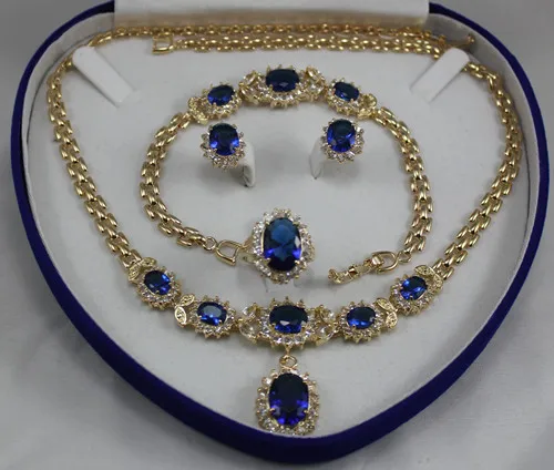 2 choices wholesale blue crystal 10*14mm ring(#7.8.9) 18&quot chain pendant necklace stud earrings &ampbracelet jewelry set AA1013 |