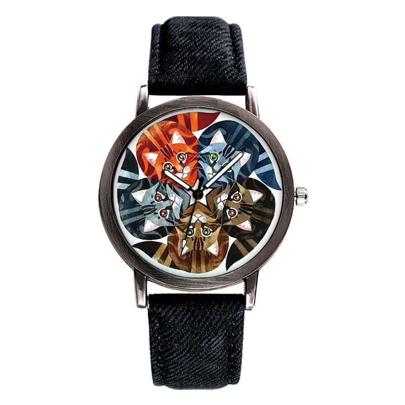 

Dress Simple Unique Watch Women 2019 New Design Six Cat Pattern Fashion Ladies Wristwatch Leather Gift Student Clock Time Watch