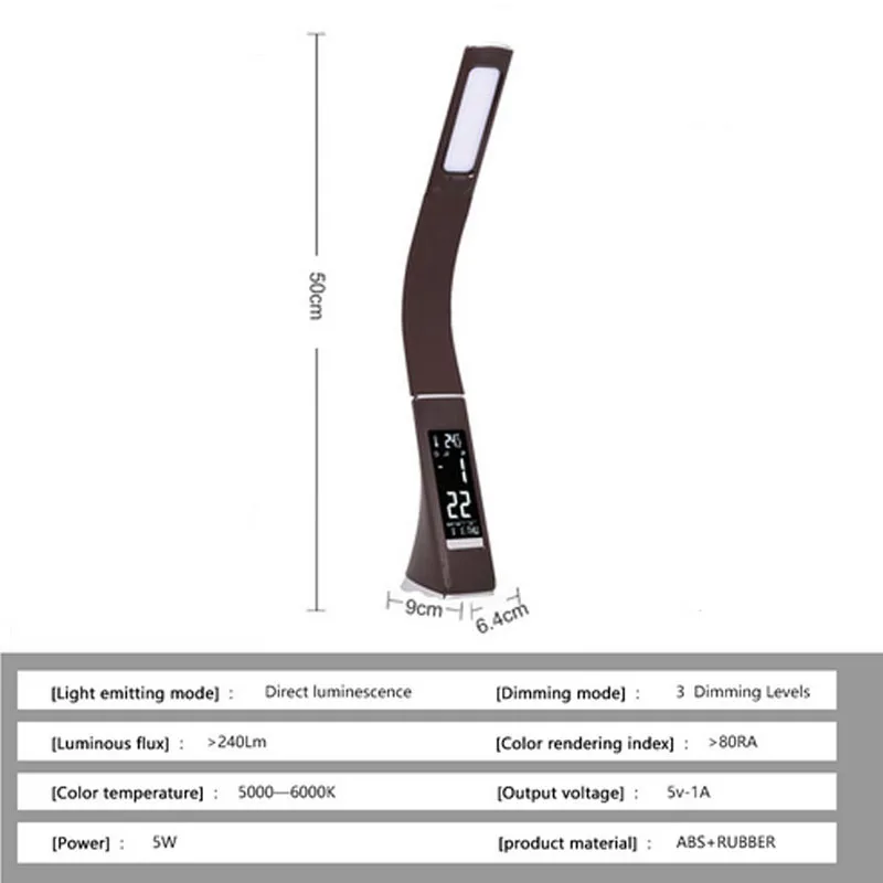 Bussiness LED Desk Lamp Alarm Clock/Calendar LCD Display USB Leather Texture Dimming Folding Book Reading Table Recharge | Лампы и