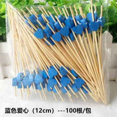 100pc12cm сердце бамбука Палочки шведского стола фрукт для кекса вилка вечерние десерт салат коктейль ручки шампур для свадебного декора - Цвет: blue