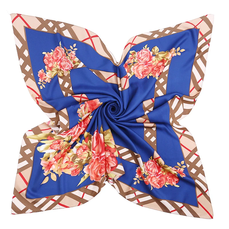 

Design Silk Scarf Women Fashion Plaid with flowers Pattern 100X100cm Square Print twill Silk Shawl stewardess scarf kerchief