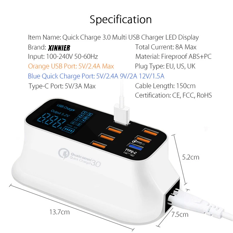 С несколькими usb портами Зарядное устройство концентратор Quick Charge 3 0 8 Порты и