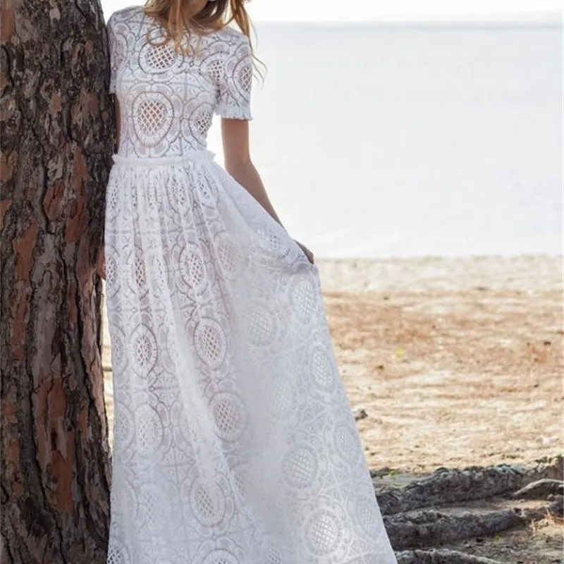 Женское богемное кружевное длинное пляжное платье 2019 летнее Новое однотонное с