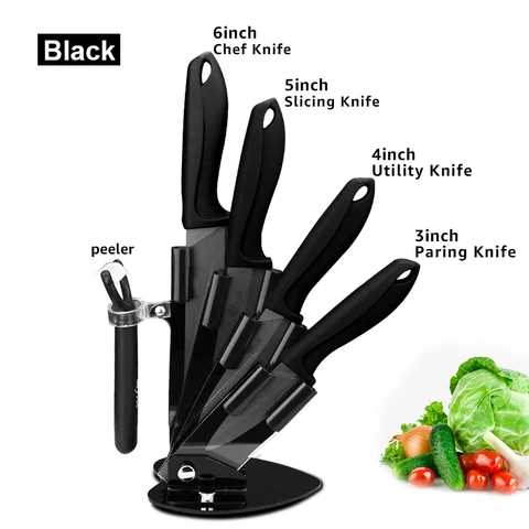 Кухонные ножи Керамические ножи с держателем 6 шт. набор 3 "для очистки овощей 4" 5 "для нарезки 6" нож шеф-повара циркониевый керамический черный клинок