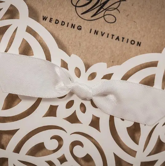 50pcs White Laser Cut Wedding Invitations Card Greet Personalized Custom With Ribbon Free Envelope &amp Seals Party Supplies | Дом и сад