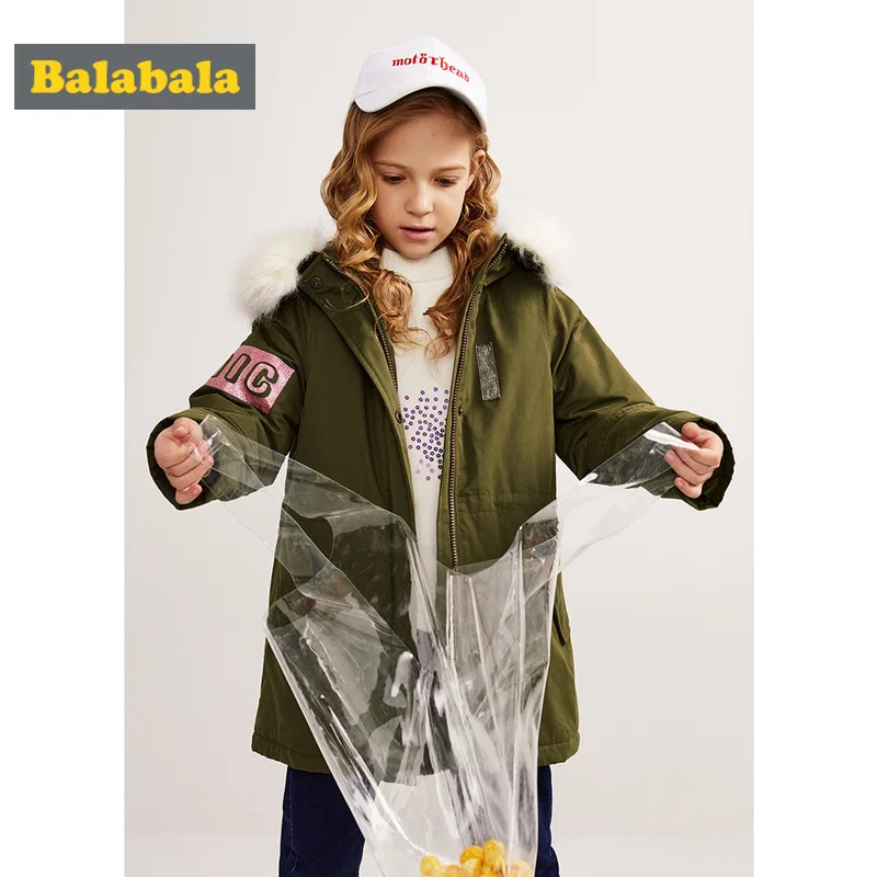 Balabala/длинная безморозная куртка со съемным искусственным мехом на капюшоне для девочек-подростков, куртка с капюшоном на молнии и кнопках