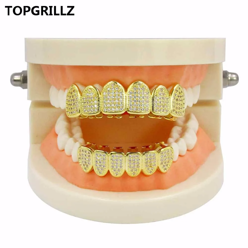 Jinao зубы Grillz Gold Цвет покрытием высокое качество микро паве ЧР камень сверху и