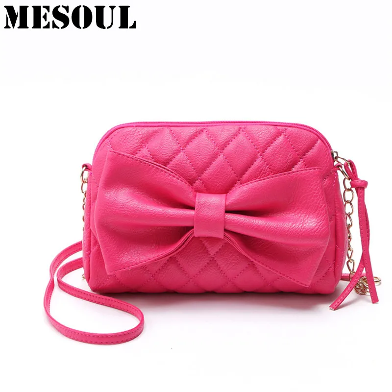 Модная женская сумка ярких цветов с цепочкой и бантом розовая из искусственной