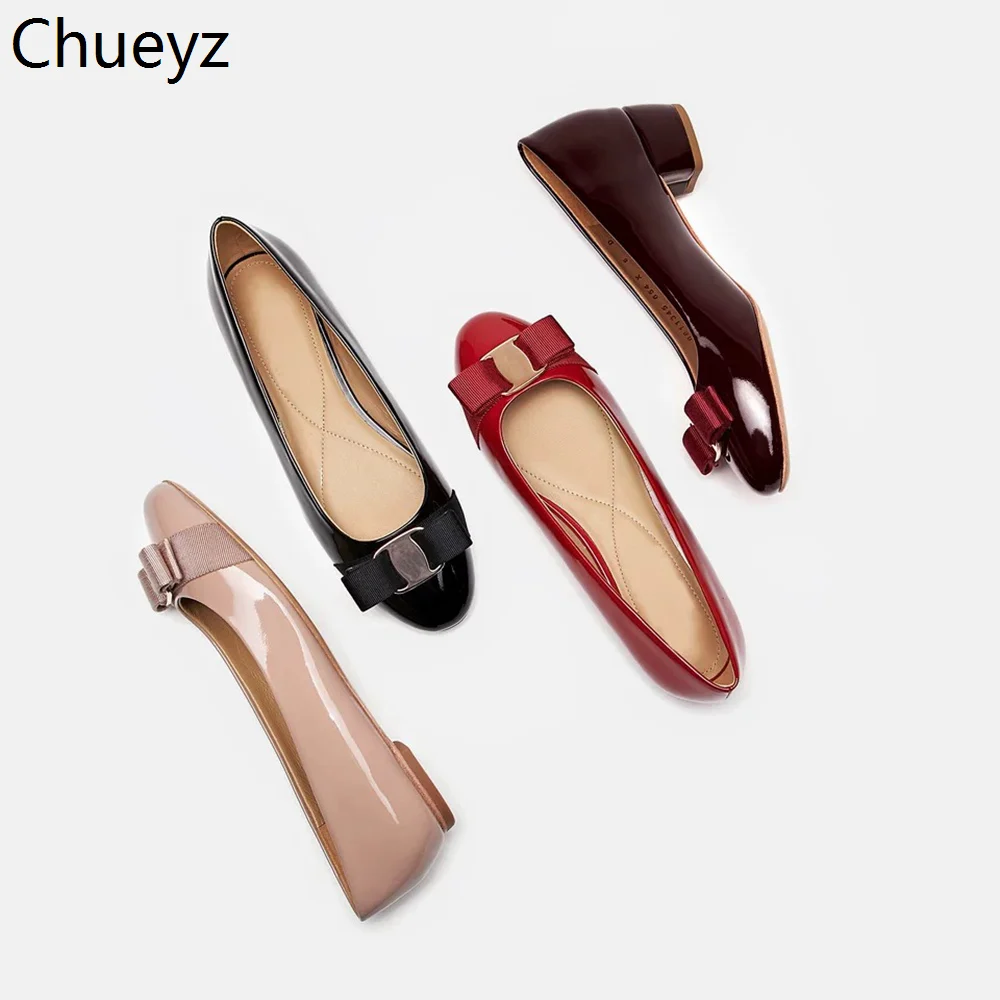 Chueyz/Новинка; модные тонкие туфли; женские туфли из натуральной кожи на низком каблуке с закрытым носком; однотонные Балетки с круглым носком на плоской подошве для женщин
