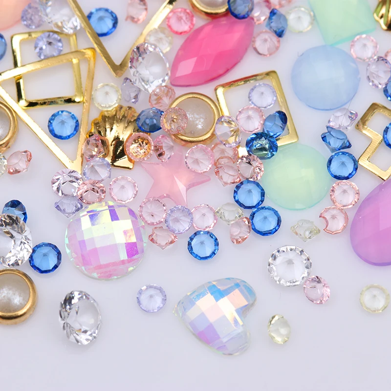 Colorful Mixed Nail Acrylic Rhinestones Flat Bottom Clear Multi-size Alloy Metal Frame Shell Manicure 3D Art DIY Decoration | Красота и
