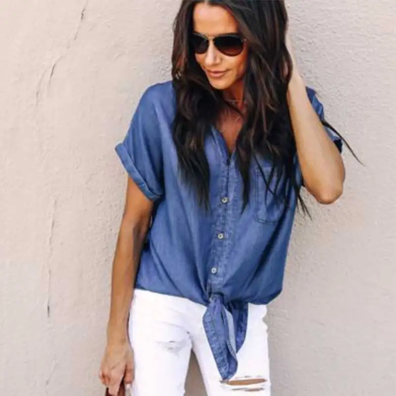 Женская сексуальная голубая легкая джинсовая рубашка с коротким рукавом и