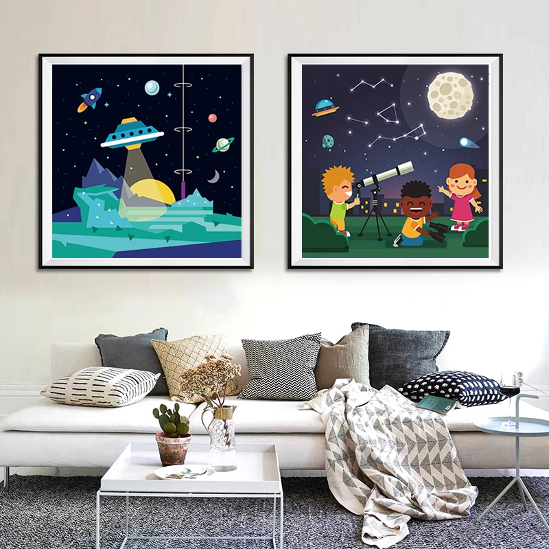 Мультяшная Милая темнота ракета корабль исследует космическое Искусство Холст