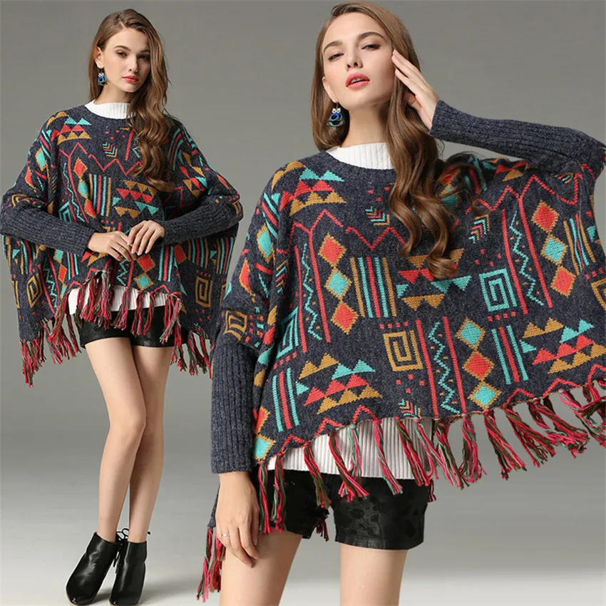 OUCAG New Autumn Winter O-Neck Cape Vintage Coat Hedging Women Bat Shawl Loose Sweater Ladies Fringed Trend Cloak | Женская одежда