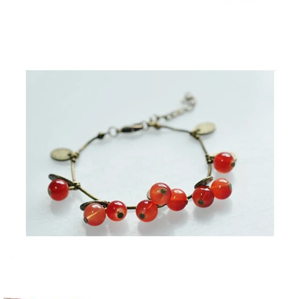 Hot Sale European Retro Fashion Red Sweet Cherry Pendant Bronze Metal Chain Beautiful Charm Bracelets Bangle for Women Jewelry | Украшения