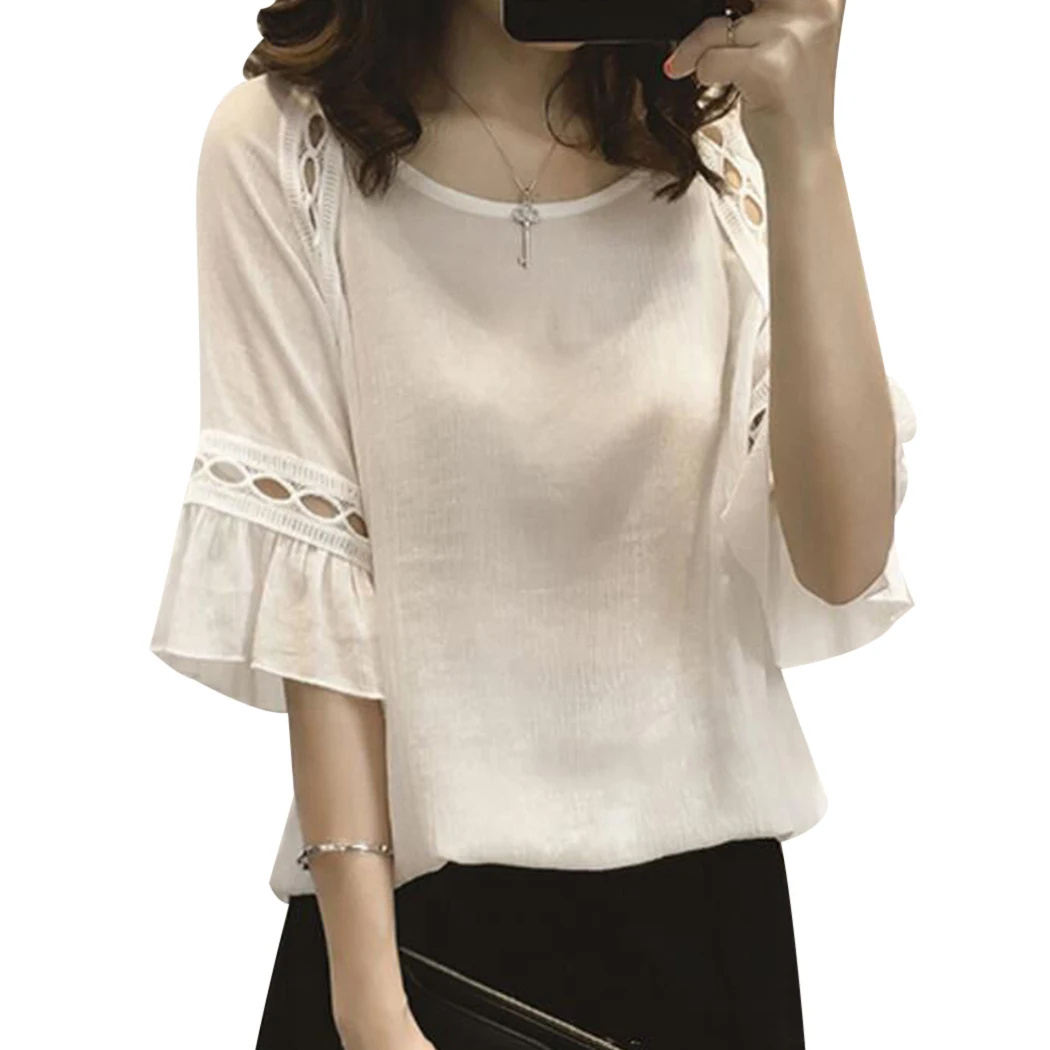 Элегантная летняя шифоновая блузка открытые топы женские 2018 оборки корейский