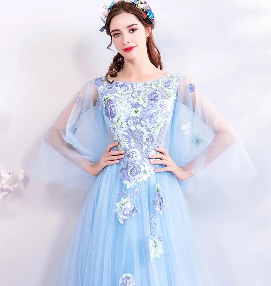 SSYFashion, новое романтическое кружевное платье для выпускного вечера, милое светло-синее платье с аппликацией и рукавом-бабочкой, длинное вечернее платье с коротким шлейфом