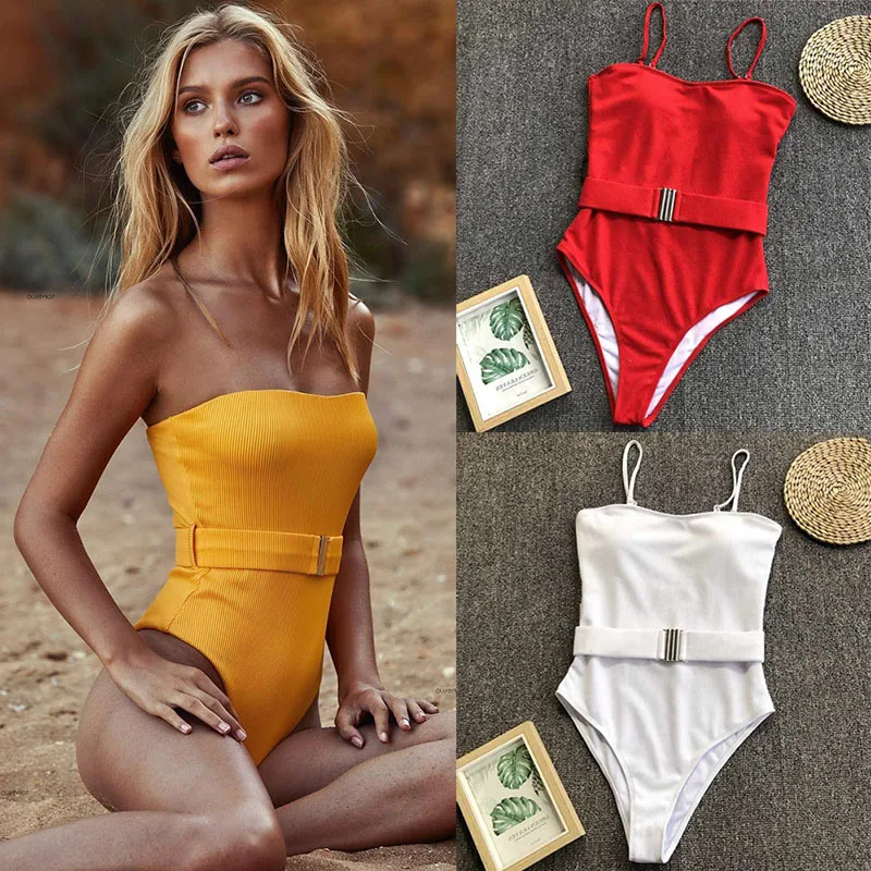 Sexy Spaghetti Strap One Piece Swimsuit Women Swimwear Vintage Bathing Suit Cut Out Monokini High Waist Bikinis Belt Bodysuit | Спорт и