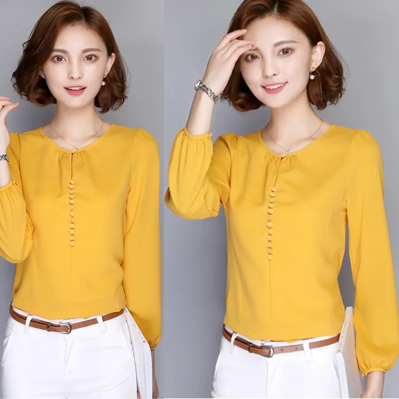 2019 Модные женские осенние шифоновые рубашки с круглым вырезом и длинным рукавом