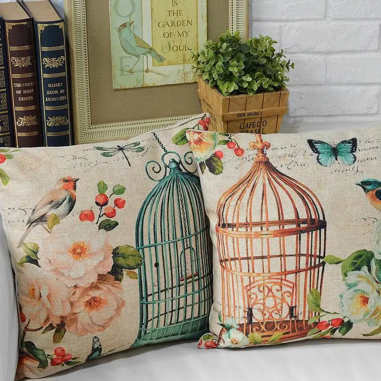 Деревенская Цветочная клетка подушка с птицей для поясницы льняная наволочка