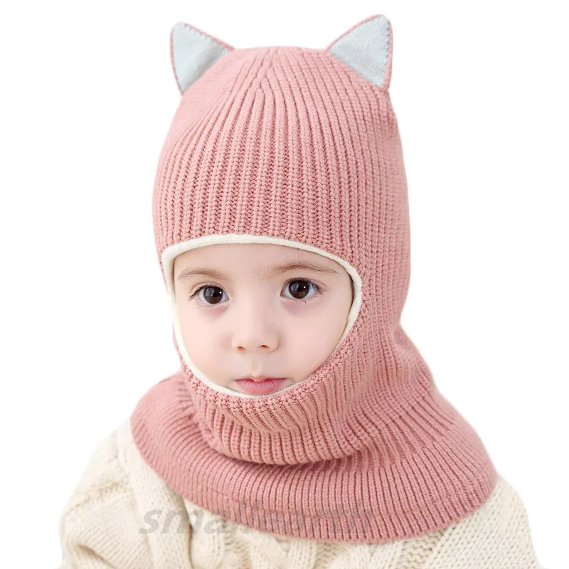 dark pink Милая шапка с кошачьими ушками для мальчиков и девочек, детская зимняя теплая вязаная шапка с толстым бархатом и воротником, Детская ветрозащитная шерстяная шапка, шарф - Цвет: dark pink