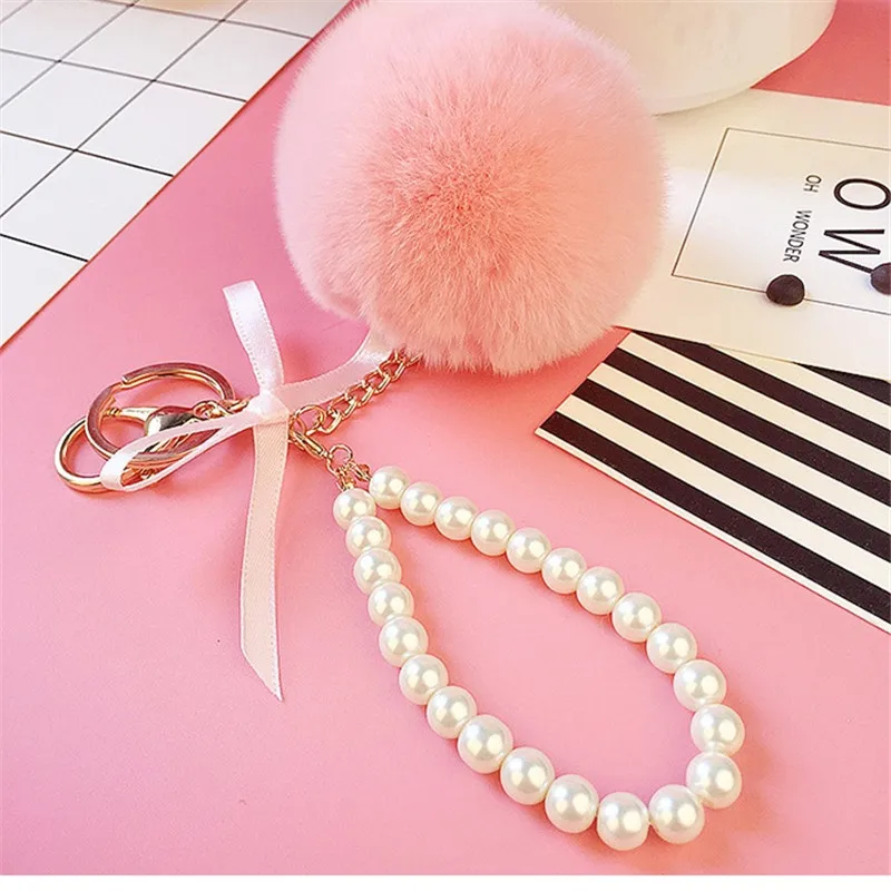 Женский брелок с жемчугом и помпоном из натурального кроличьего меха|bag keychain|brand
