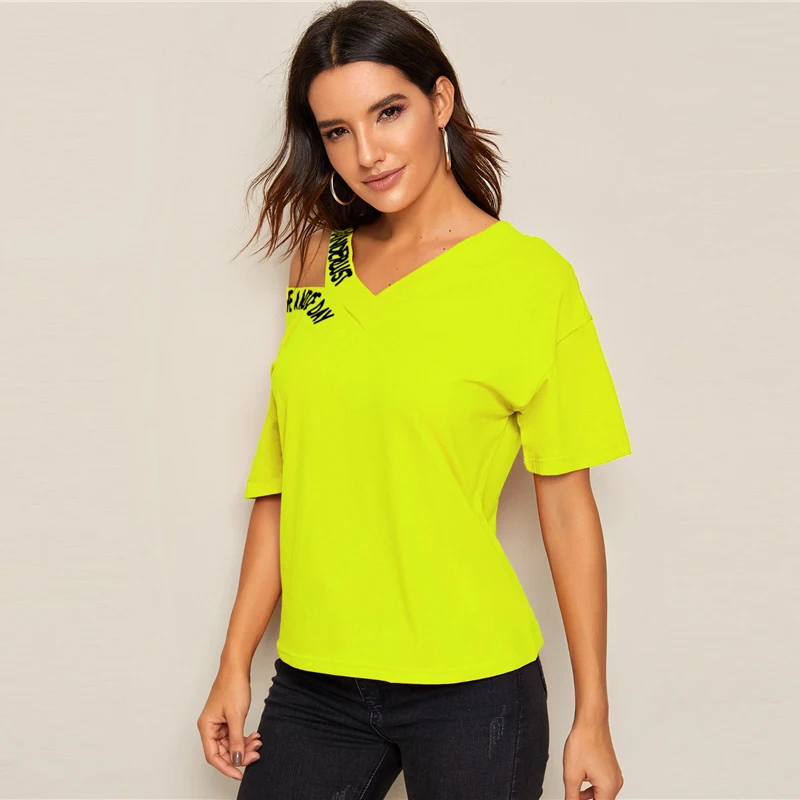 ROMWE Neon Green Lime Cut Out Shoulder Slogan Print Tee Tops Women Summer Asymmetrical Neck Half Sleeve Casual T Shirts