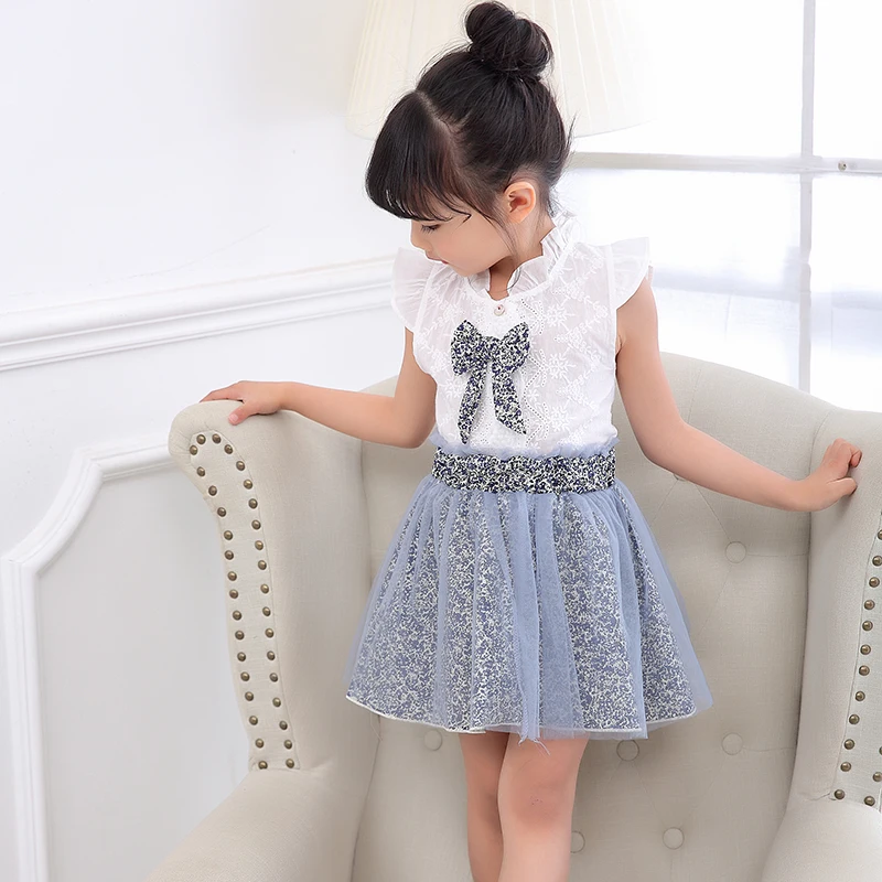 

New Fashion Toddler Girls Clothing Sets 2pcs Bowkknot Sleeveless T Shirt+Mini Skirt Cute Boutiques Kids Girl Outfit Suit Z542