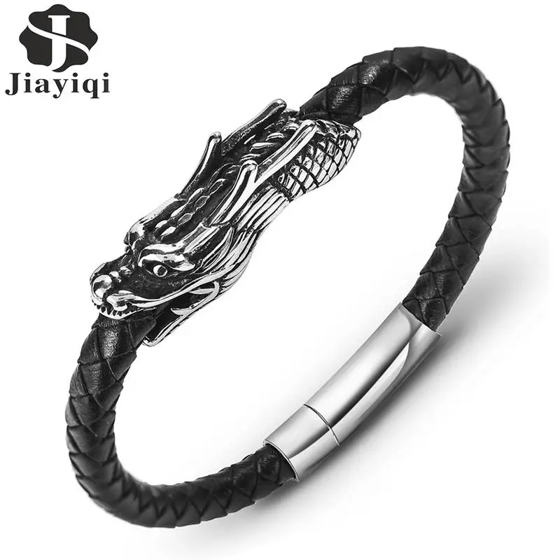 Мужской кожаный браслет Jiayiqi Domineering Dragon черный плетеный с пряжкой из нержавеющей